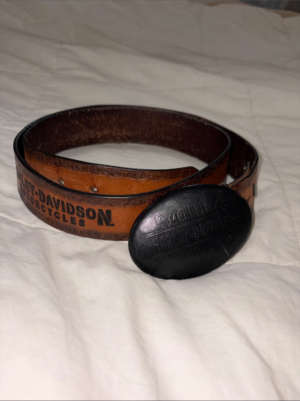 Vintage 2004 Harley Davidson Genuine Brown Leather Tooled Belt Black Oval Buckle